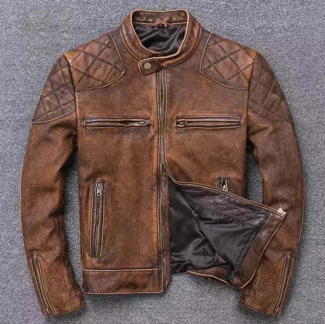 Men's Biker Cafe Racer Vintage Motorcycle Distressed Tan Brown Leather Jacket