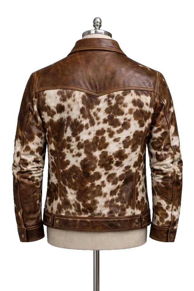 Men's Cowhide Leather Trucker Style Jacket Brown White Hair On Hide Western Coat