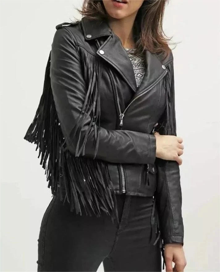 Women's Fringe Style Leather Jacket Western Black Jacket