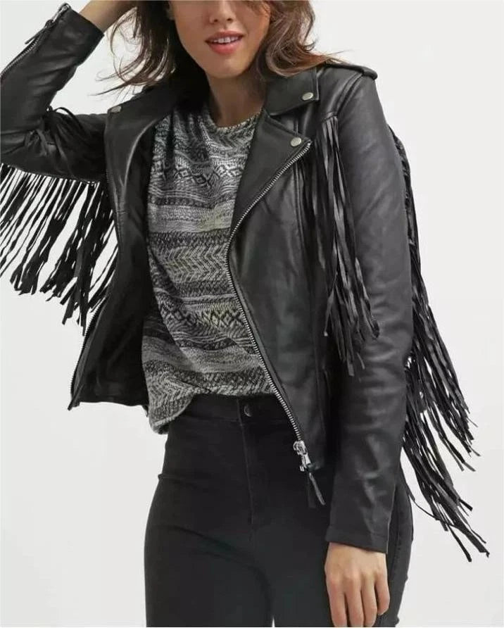 Women's Fringe Style Leather Jacket Western Black Jacket