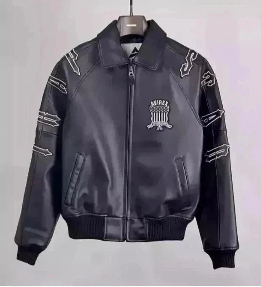 Men Avirex LDN USA Black Real Leather Bomber Jacket American Flight Jacket