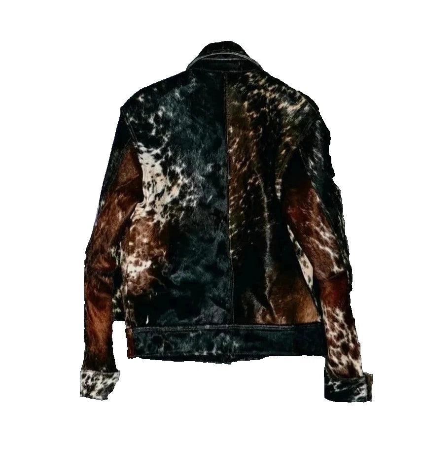 Men's Cowhide Hair On Leather Trucker Western Jacket Ranch Cowboy Coat
