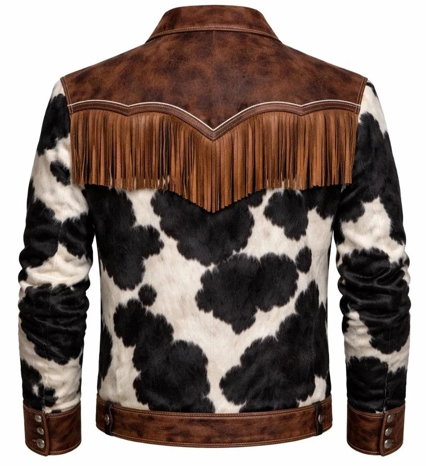 Men's Western Cowhide Fringe Jacket Hair On Hide Cowboy Coat