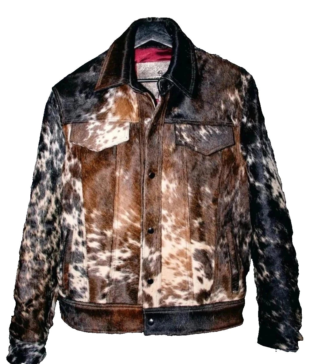 Men's Cowhide Hair On Leather Trucker Western Jacket Ranch Cowboy Coat