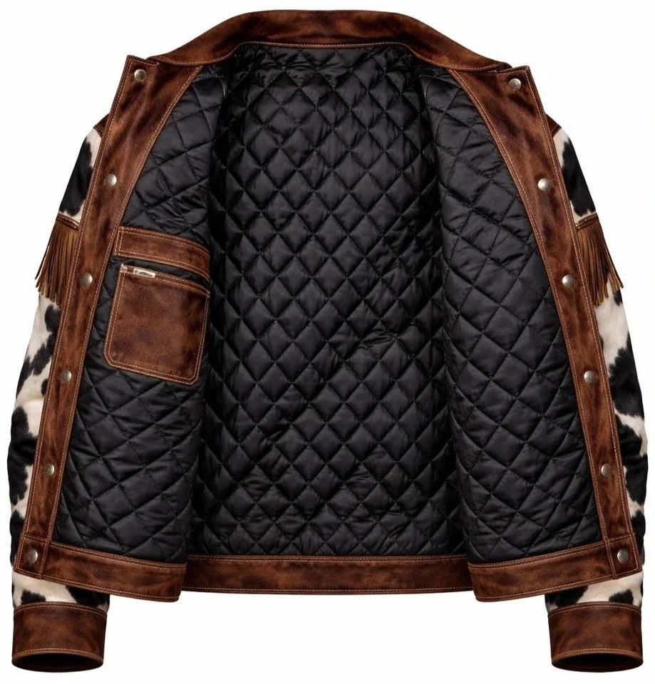 Men's Western Cowhide Fringe Jacket Hair On Hide Cowboy Coat