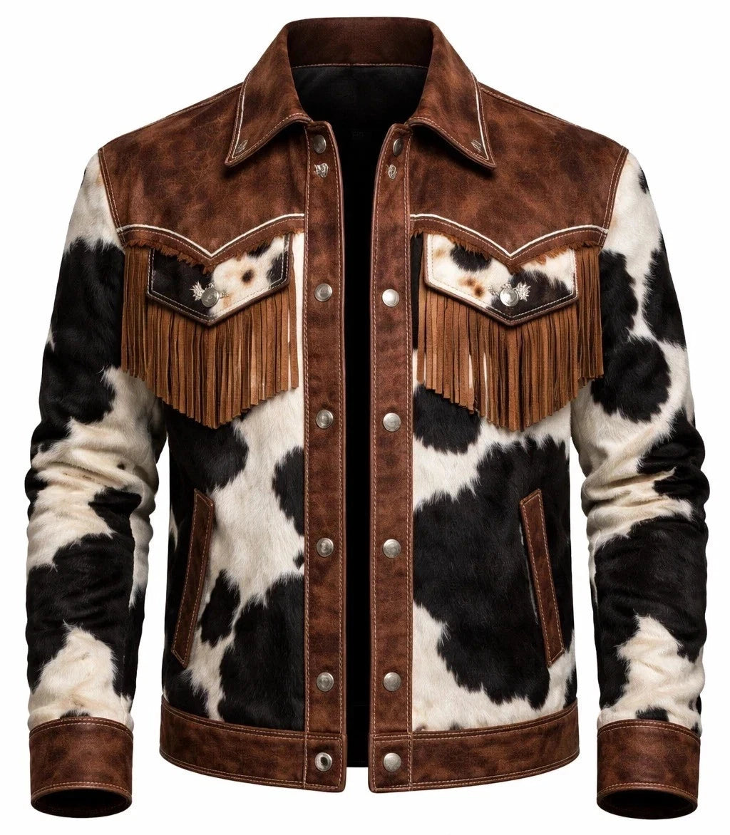 Men's Western Cowhide Fringe Jacket Hair On Hide Cowboy Coat