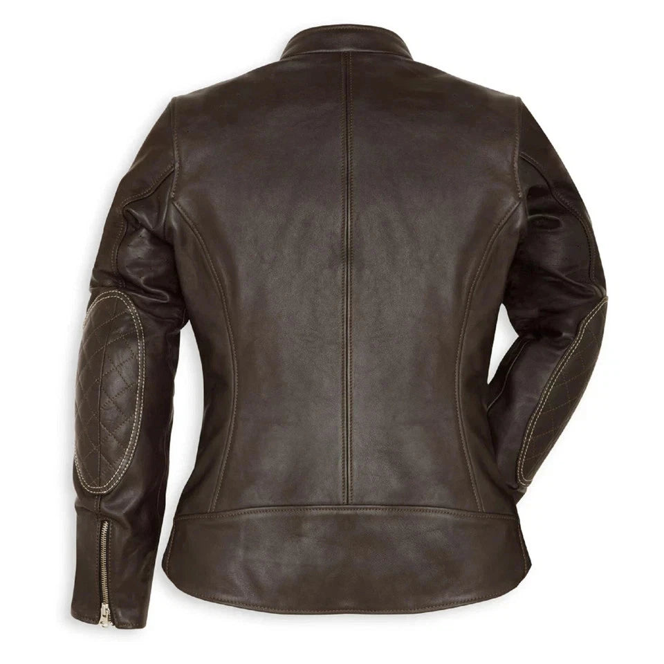 Ducati Women’s Sebring Leather Motorcycle Jacket Brown Cafe Racer Vintage Style